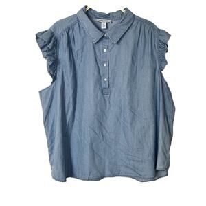 Nine West Jeans Women’s 2X Denim Button-Front Tank Top Ruffled Shoulders Blue